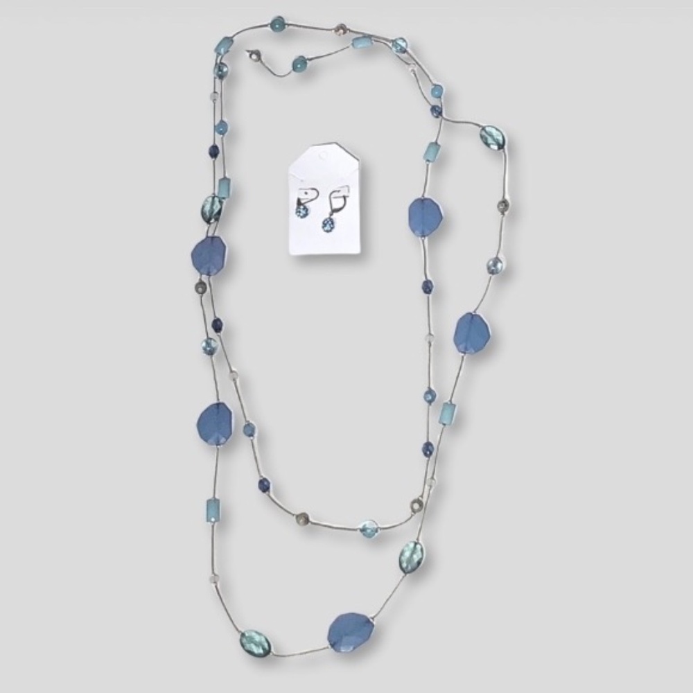 Vintage Beaded Layered Necklace and Drop Earring Set Silver Tone Blue